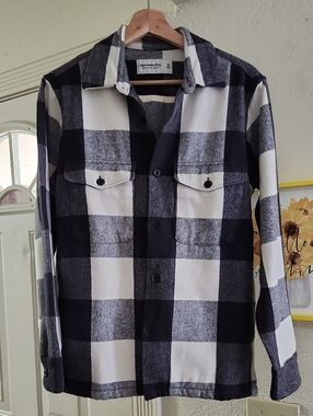 Abercrombie & Fitch Heavyweight Flannel Shirt Jacket Shacket XS Black/White Buff